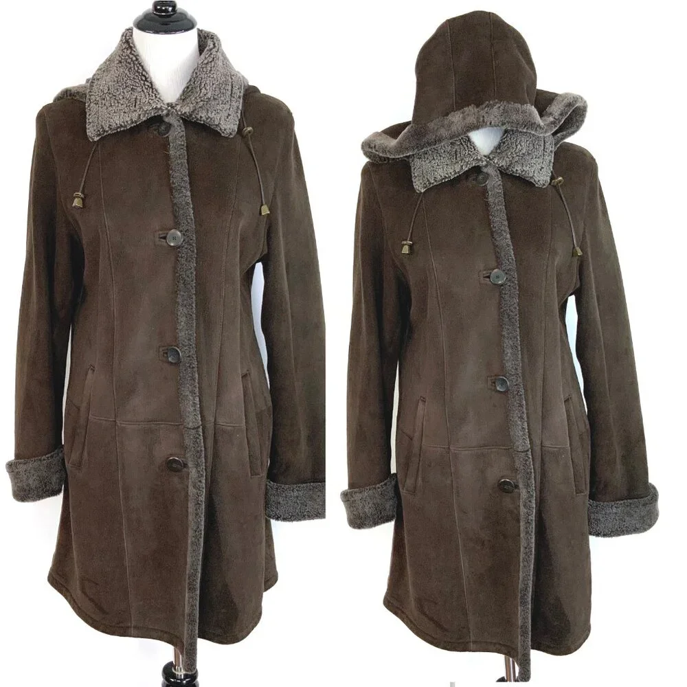 Marco Gianotti Macy's Brown Genuine Sherling Hooded Coat Sz 8 - Picture 3 of 16
